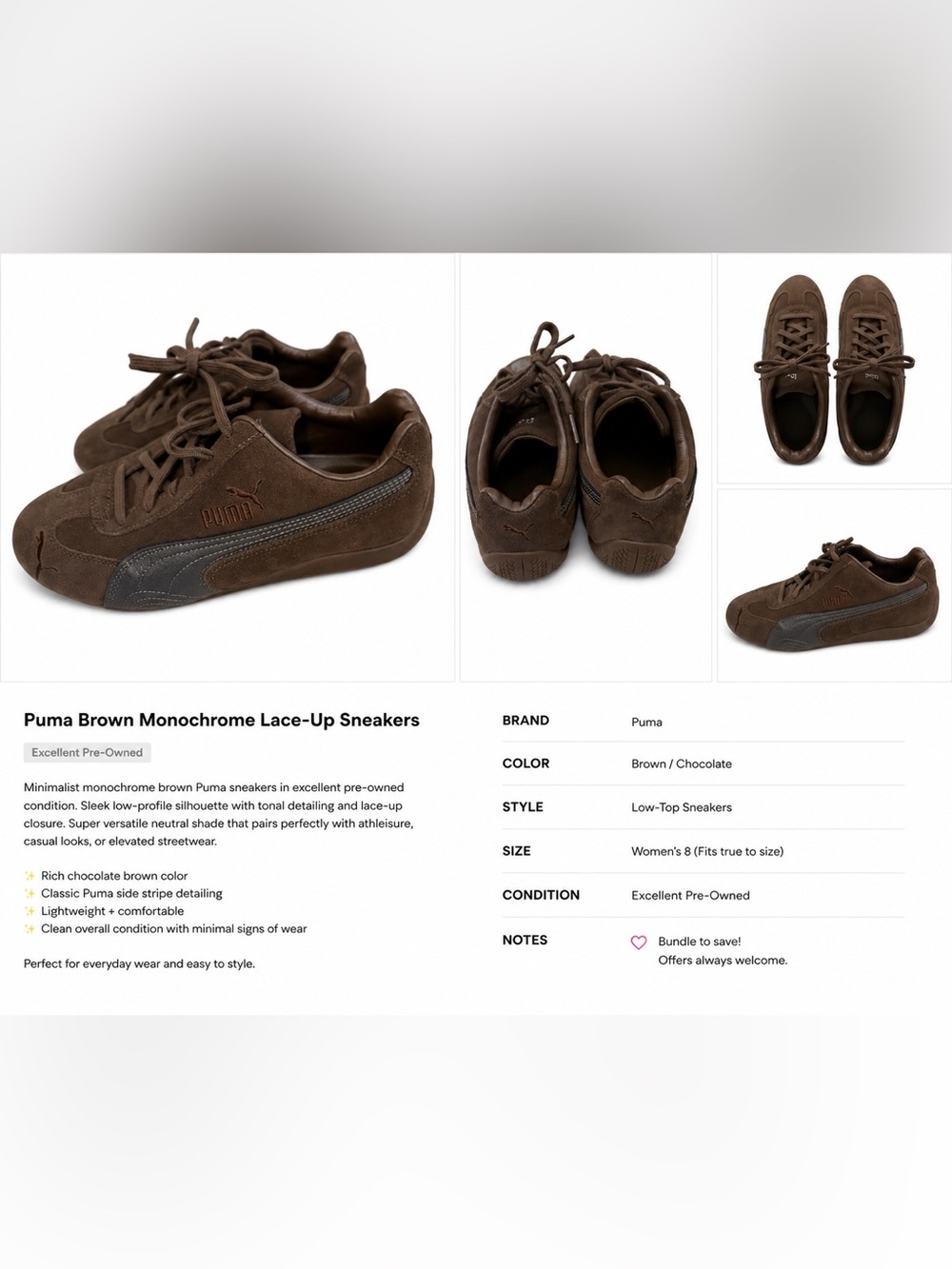 Puma Speedcat Chocolate Brown Suede Low-Top Sneakers Size 8